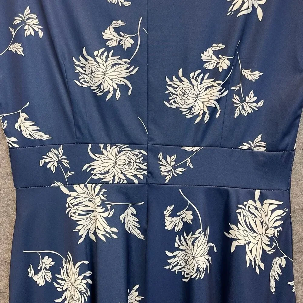 HOMEYEE Dress Size 2XL Blue White Floral Round Neck Midi A-Line Pleated Swing - Picture 11 of 16